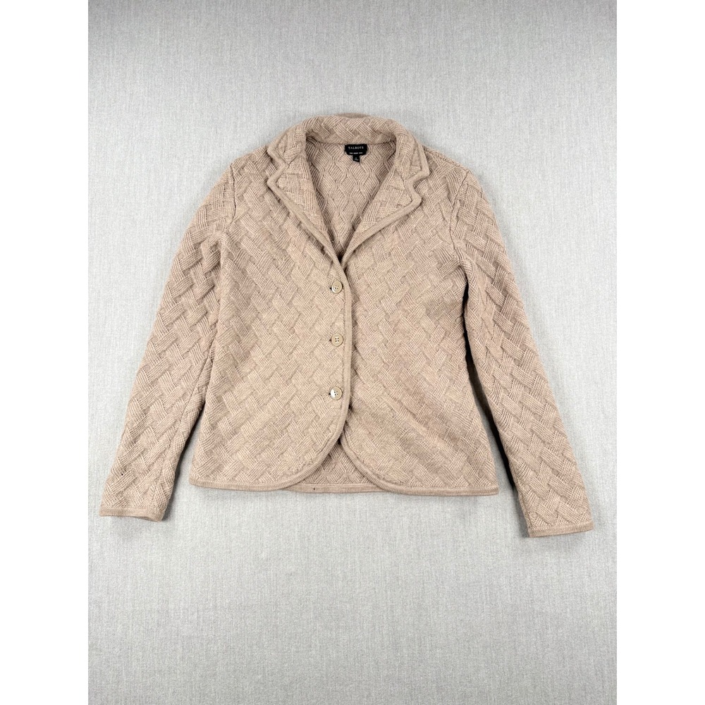 Talbots Womens Beige Pure Merino Wool Basketweave Knit Button Cardigan Sweater S